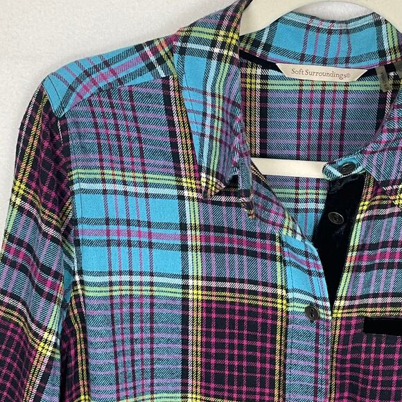 Soft Surroundings M Highlands Plaid Velvet Cuff Shirt Turquoise Pink Boho - Picture 5 of 14